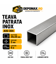 Teava patrata inox AISI 304, 35 x 35 x 2 mm, 6 metri